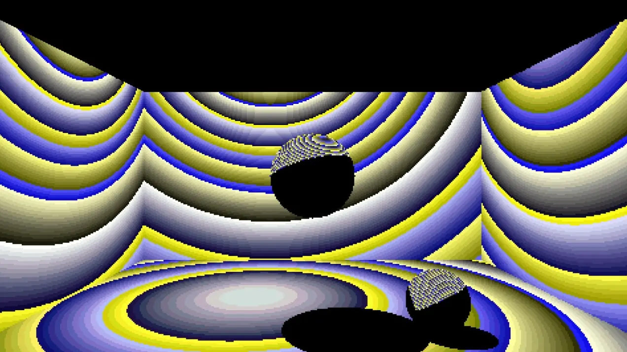 An image showing a buggy image. Bands of light with discrete edges emanating from where shadows should be