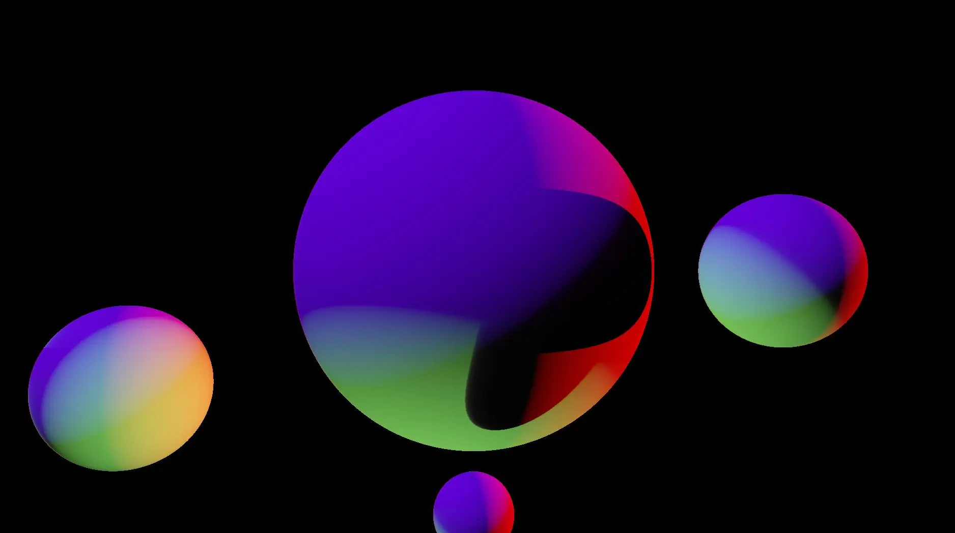 An image showing four coloured spheres, one of which is casting a hard shadow on another