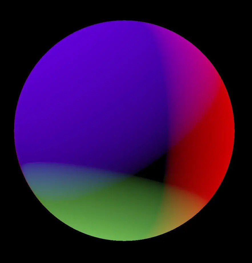 An image showing a sphere lit by three coloured lights. The colours blend across the surface of the sphere