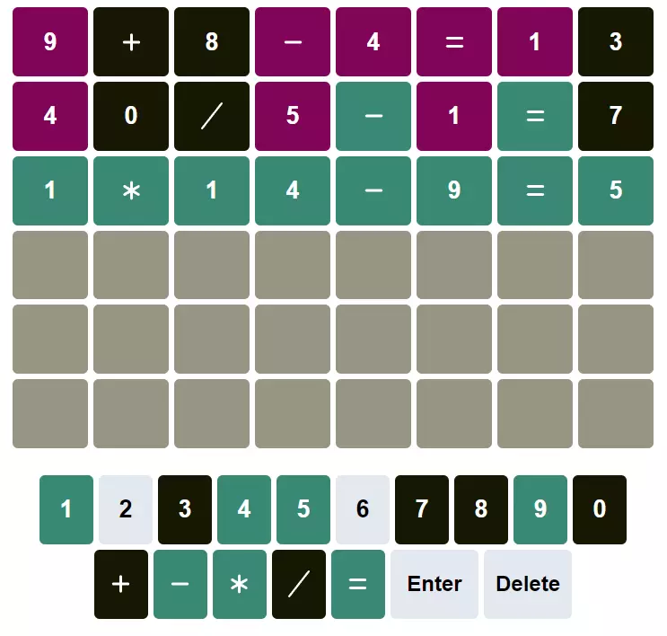 An image showing a solved nerdle puzzle that required three guesses. A program was used to help narrow down the options