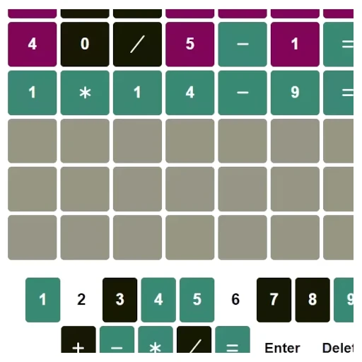 An image showing a solved nerdle puzzle that required three guesses. A program was used to help narrow down the options