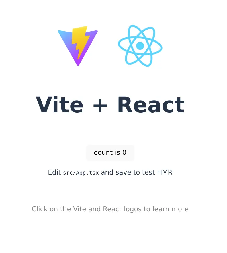 An image showing the default page that is rendered on starting the React app created by Vite.