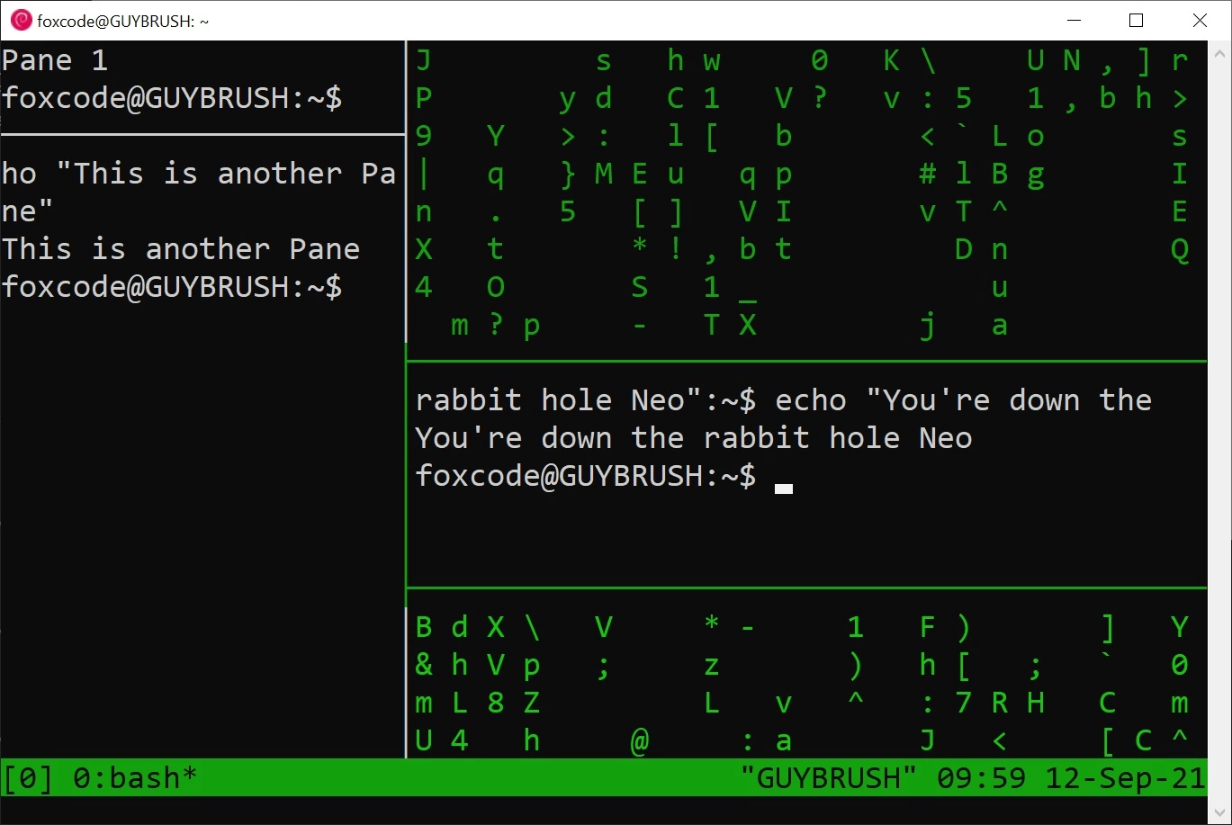 A tmux window split into five differently sized panes, demonstrating the flexibility that panes afford the developer.