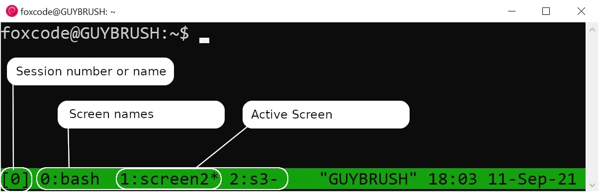 A tmux window showing multiple panes. The bottom bar shows there are three screens in total, and that the second screen is currently selected.