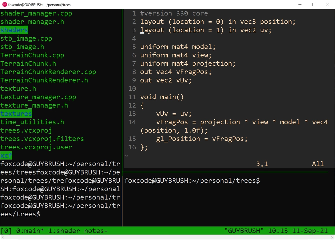 A tmux window showing multiple panes. The bottom bar shows there are two screens in total, and that the first screen is currently selected.