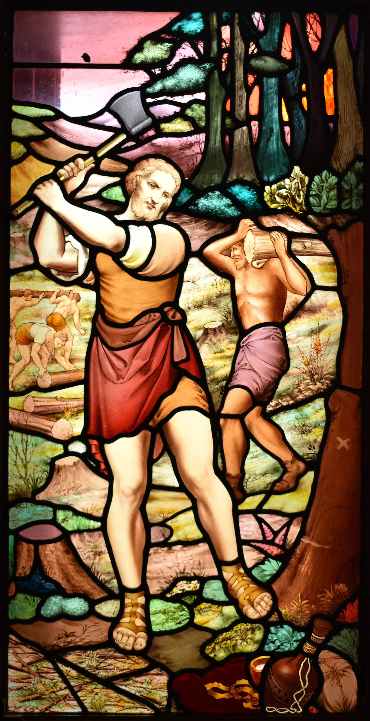 Stained glass window, depicting two lumberjacks on the job