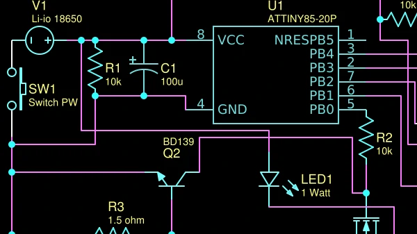 A small circuit diagram, showing a microprocessor connected to, diodes, resistors, and other electronic components